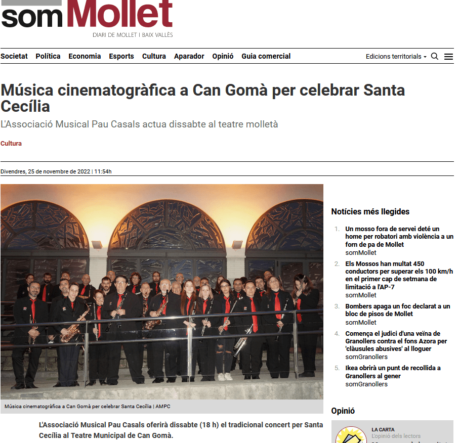 Notícia Som Mollet música cinematogràfica a Can Gomà per celebrar Santa Cecília.