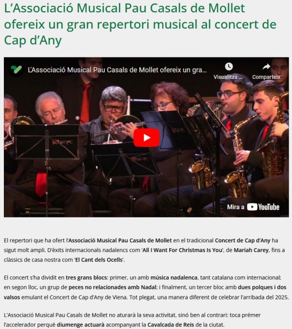 Notícia concert Cap d'Any 2024 banda mollet