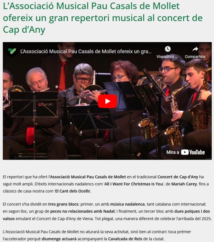 Notícia concert Cap d'Any 2024 banda mollet